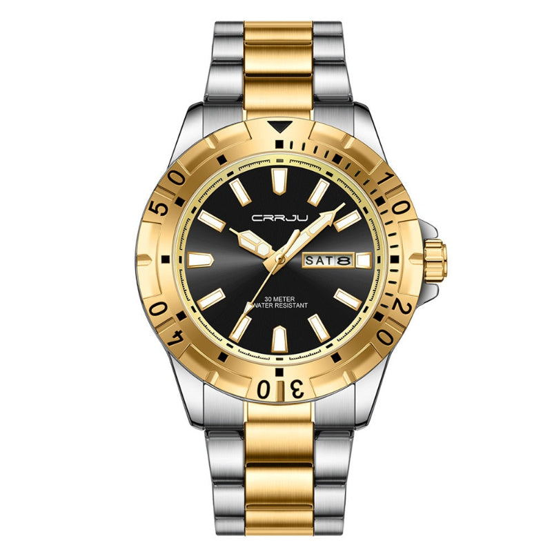 Gold and silver watch with black dial on a white background