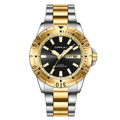 Gold and silver watch with black dial on a white background