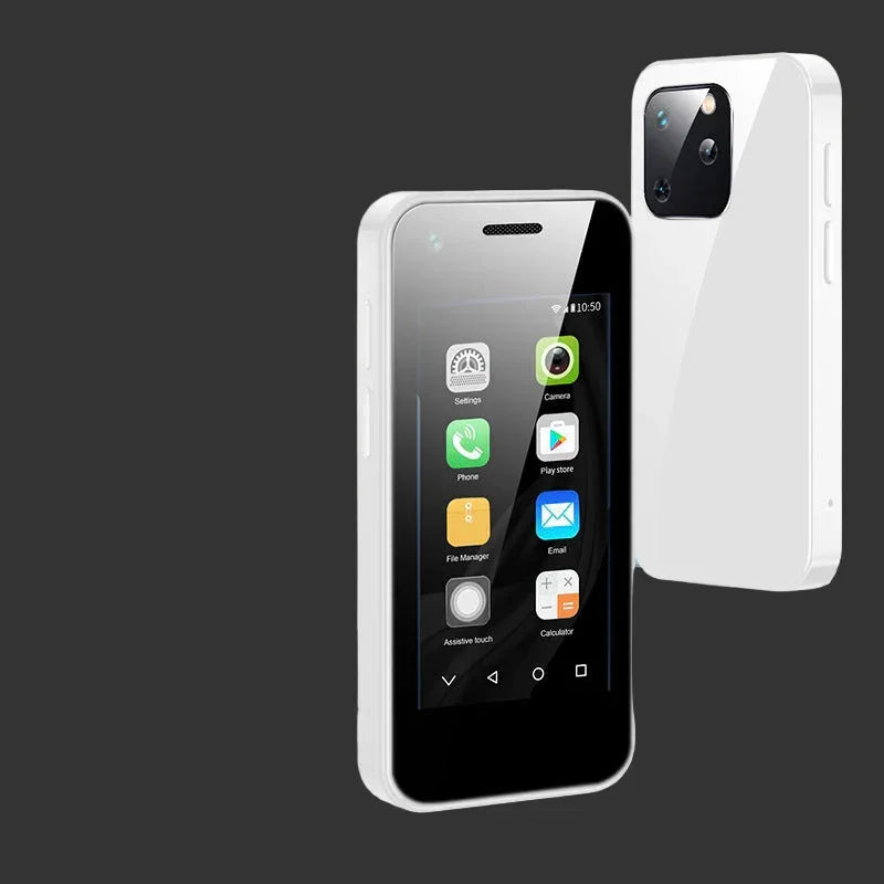 Mini Android smartphone in pearl white, front display and rear dual-camera visible
