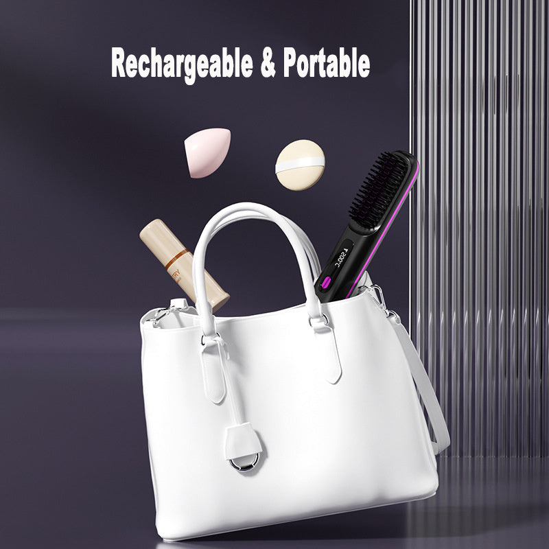 White handbag with cosmetic items including a brush and bottles on a dark background
