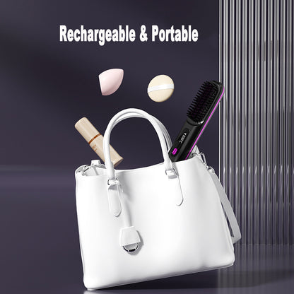 White handbag with cosmetic items including a brush and bottles on a dark background
