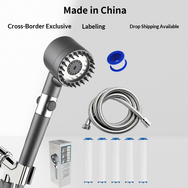 Handheld showerhead with coiled hose and included replacement cartridges