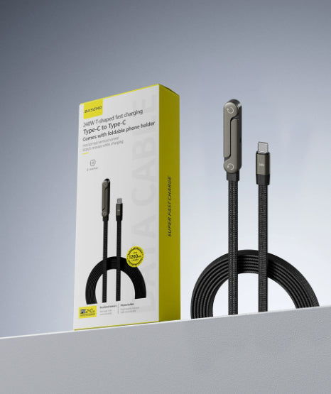 2-in-1 fast-charging data cable set with foldable bracket, braided black, two connectors