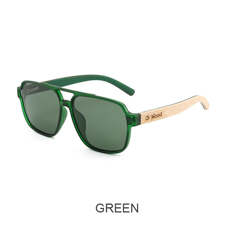 Green sunglasses with wooden arm on a white background