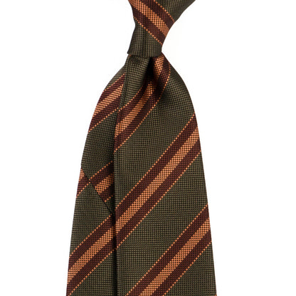 Green and brown striped tie on a white background