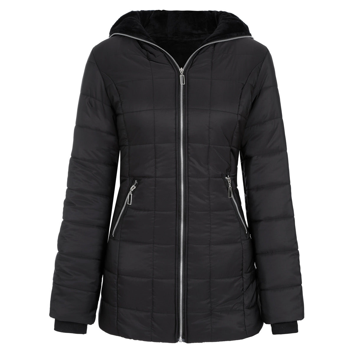 Black hooded quilted long-sleeve jacket with zip front and side zip pockets.