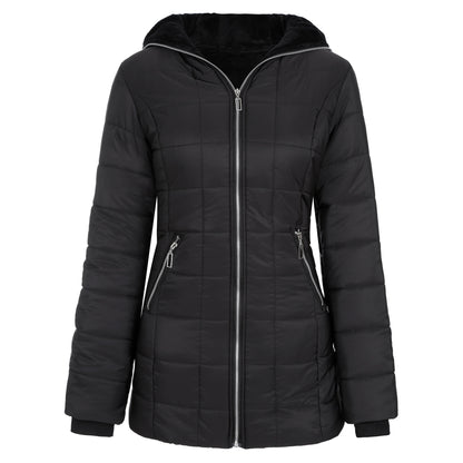 Black hooded quilted long-sleeve jacket with zip front and side zip pockets.