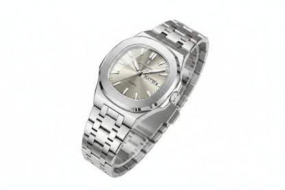 Silver watch with a metal bracelet on a beige surface, featuring a certificate of conformity.