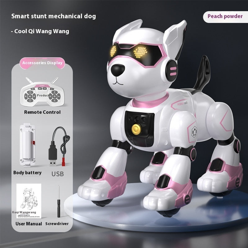 Peach-accent mechanical robot dog toy with pink details, standing on four legs