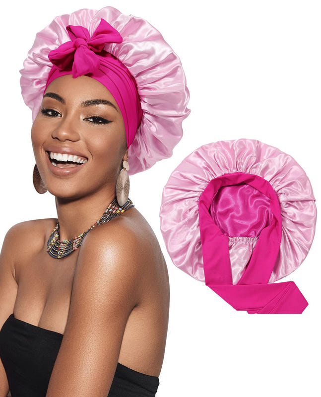 Pink and magenta satin bonnet cap with gathered double-layer ribbon round crown