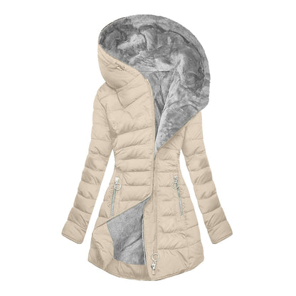 Beige hooded quilted jacket with long sleeves and zip front; plush velvet lining.