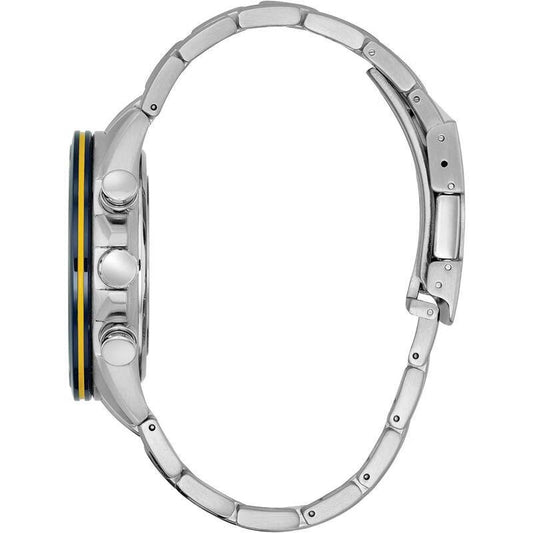 Close-up of a silver watch with a yellow accent on a white background
