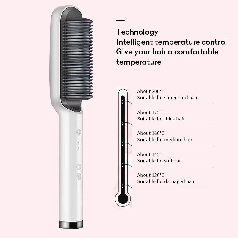 Hair straightening brush with temperature control chart on a white background