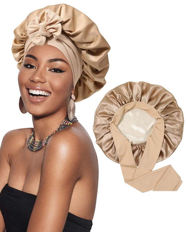 Satin ribbon round cap in beige satin, ruched bonnet with large knot bow