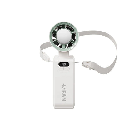 White portable handheld cooling fan with mint-green LED ring head and carry strap