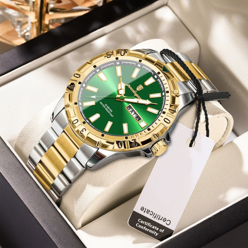 Men's Swiss quartz dress watch with green dial and two-tone gold and silver bracelet, round bezel