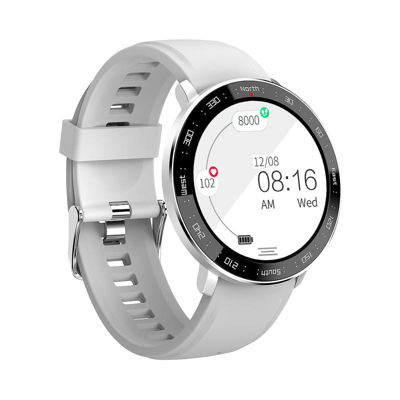 Smart watch with light gray silicone band and round black touchscreen display