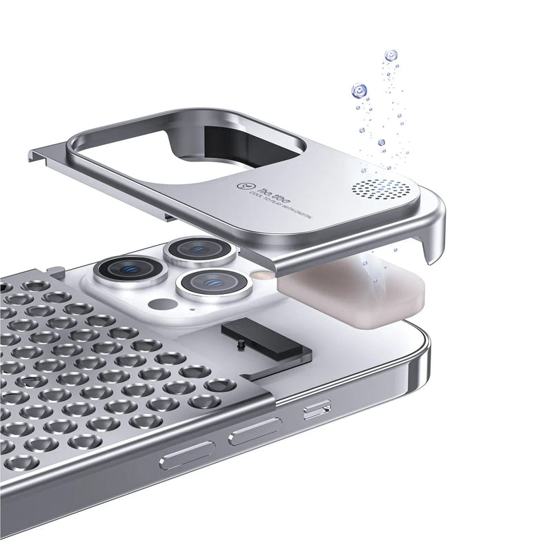 Silver aluminum phone case with perforated back, port openings, and protective lip