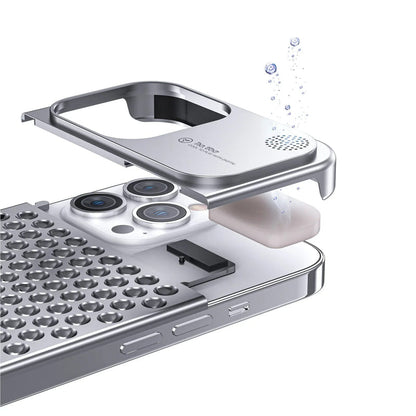 Silver aluminum phone case with perforated back, port openings, and protective lip