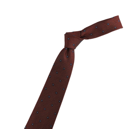 Brown tie with black dots and two decorative pins on a white background