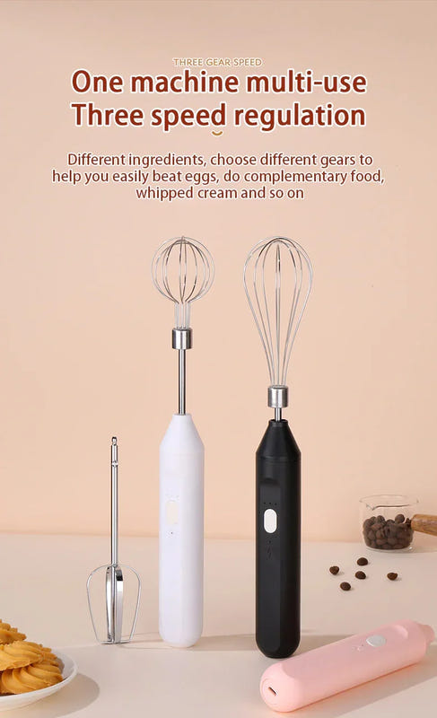 Wireless egg beater set with two whisks, three speed mixer handle, and compact case