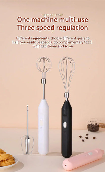 Wireless egg beater set with two whisks, three speed mixer handle, and compact case