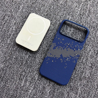 Magnetic iPhone case with starry blue pattern back and camera cutouts, plus white magnetic plate