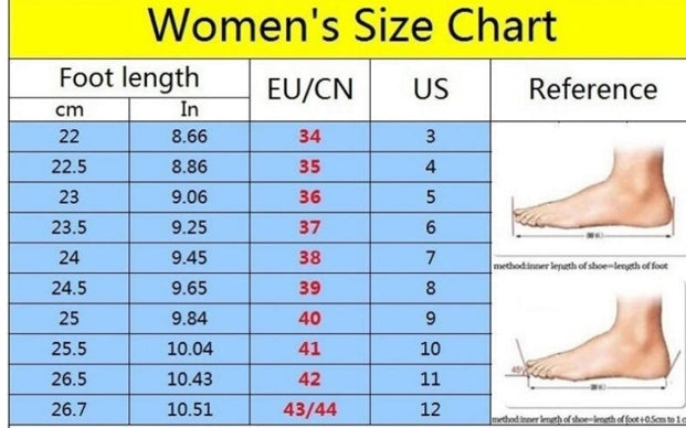 Women's size chart for foot length with measurements in cm, inches, EU/CN, and US sizes.