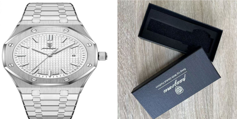 Silver quartz wristwatch with white dial and metal link bracelet, minimalist hour markers.