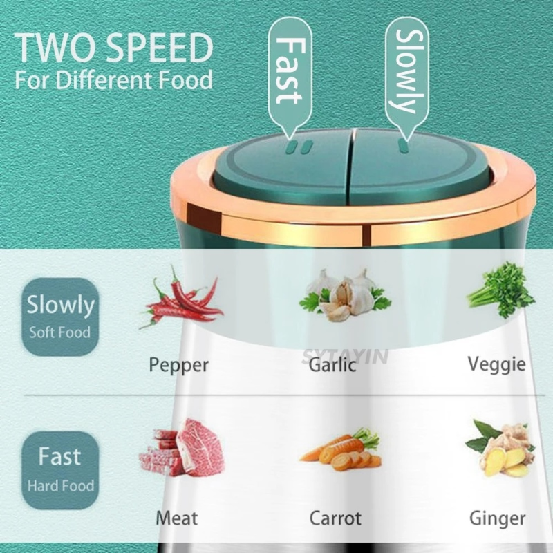 Food processor with two speed settings labeled 'Fast' and 'Slowly', showing images of different foods below.