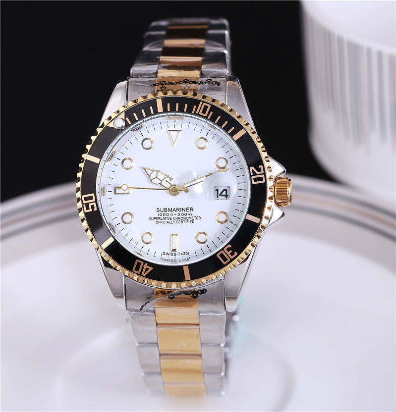 Men's steel quartz wristwatch with two-tone bracelet, white dial, and black bezel