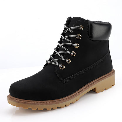 Men's high-top leather boots, black lace-up with padded collar and chunky tread sole