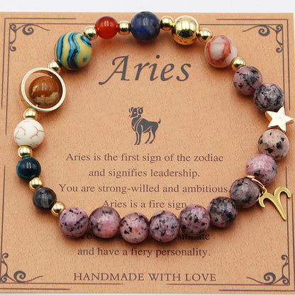 Zodiac bracelet with mixed natural stone beads, gold-tone accents, and Aries charm