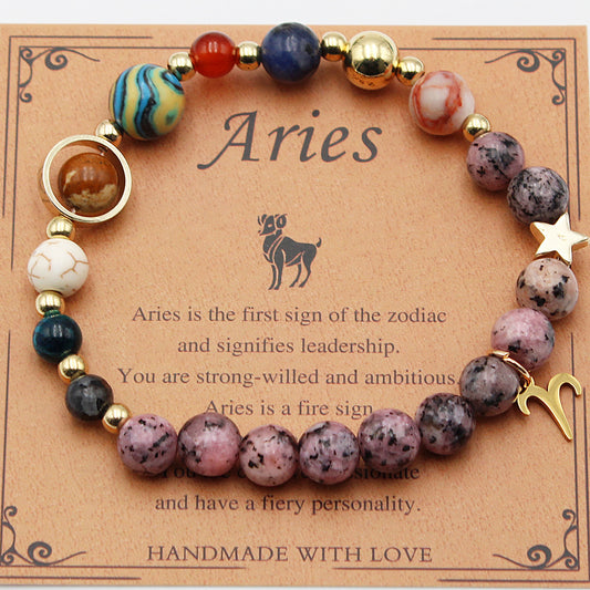 Zodiac bracelet with mixed natural stone beads, gold-tone accents, and Aries charm