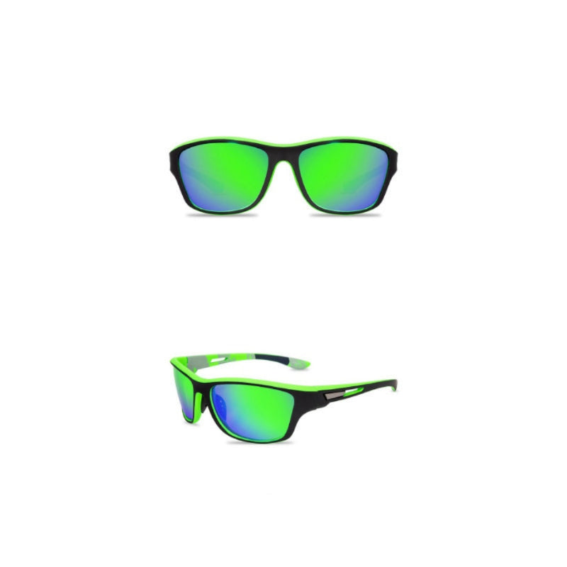 Green sunglasses with black frames shown from front and side on a white background.