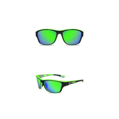 Green sunglasses with black frames shown from front and side on a white background.