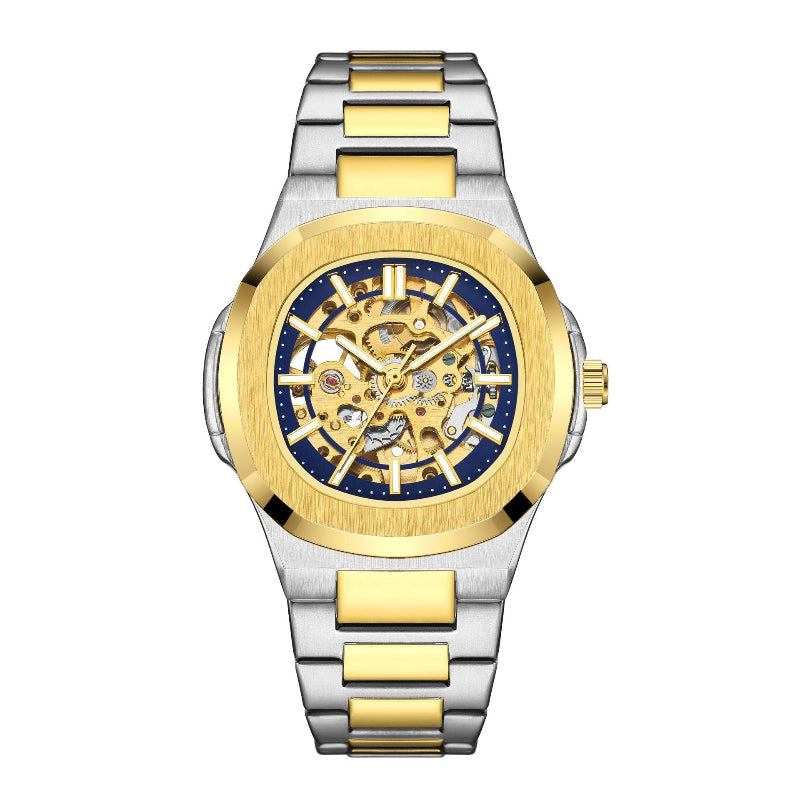 Gold and silver watch with a blue face on a white background