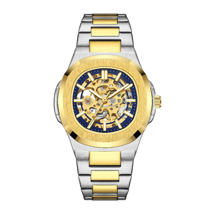 Gold and silver watch with a blue face on a white background