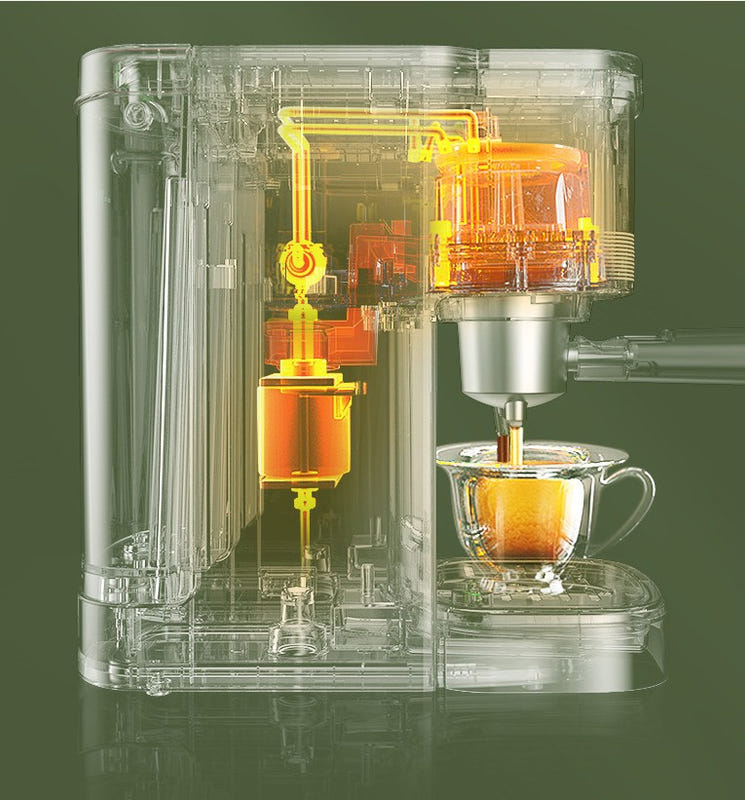 Insulated home coffee maker with glass chamber and cup
