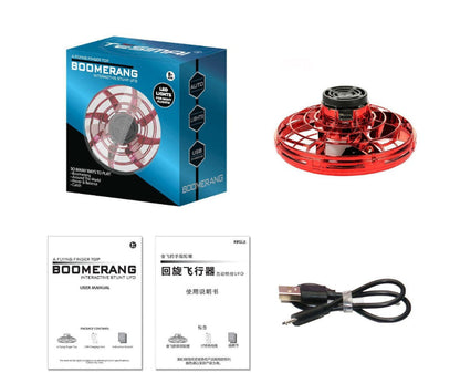 Boxed mini fingertip spinning toy drone set with red drone and charging cable