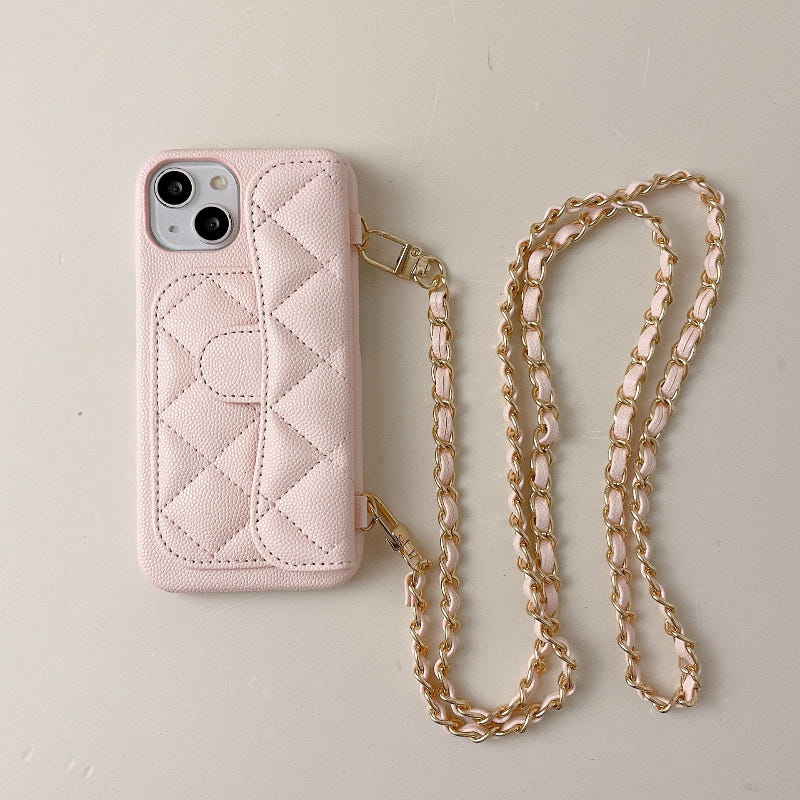 Quilted blush pink phone crossbody case with gold chain strap