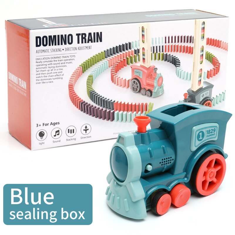 Toy train set with colorful tracks and a blue sealing box in front of its packaging.