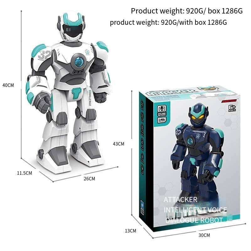 Robot toy with packaging, showing dimensions and product weight details.