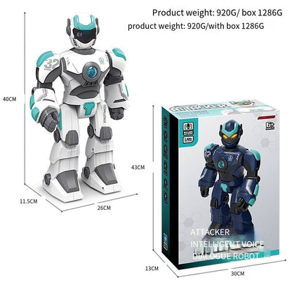 Robot toy with packaging, showing dimensions and product weight details.