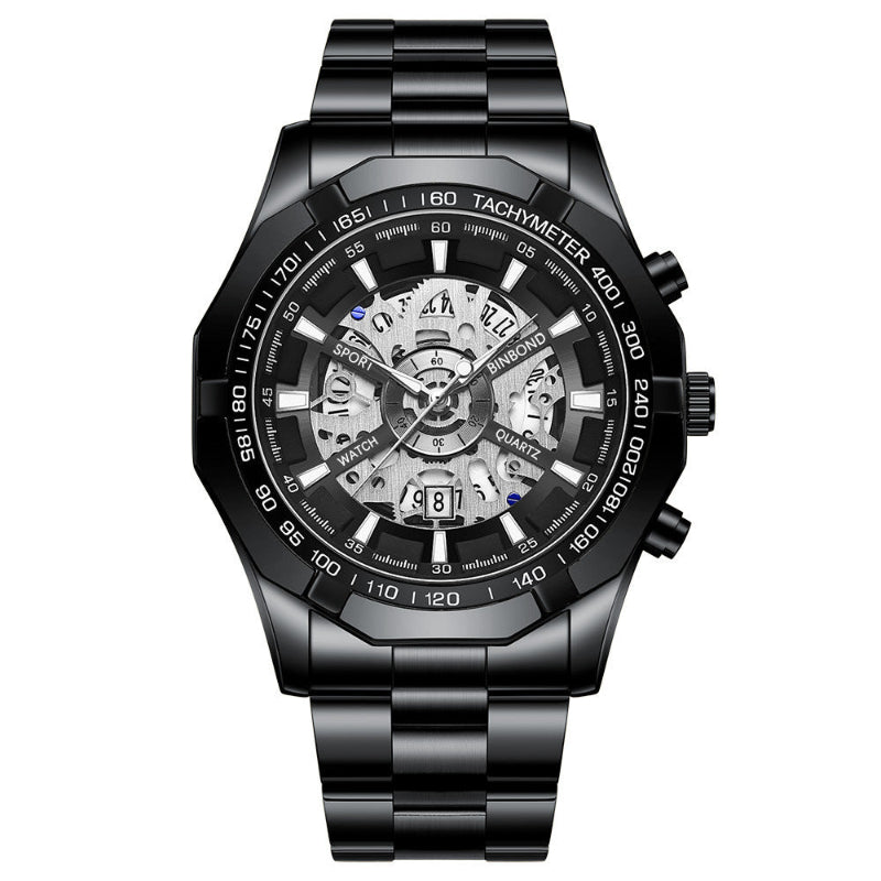 Black wristwatch with detailed face on a white background