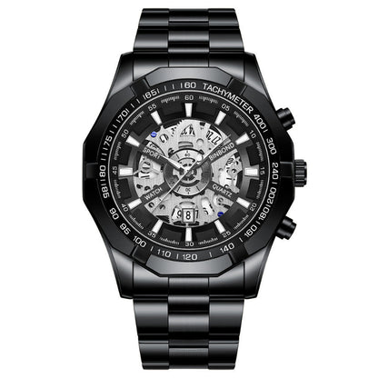 Black wristwatch with detailed face on a white background