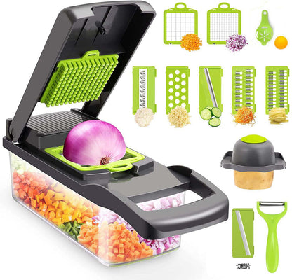 Open vegetable slicer with green grating plate and chopped produce in the tray