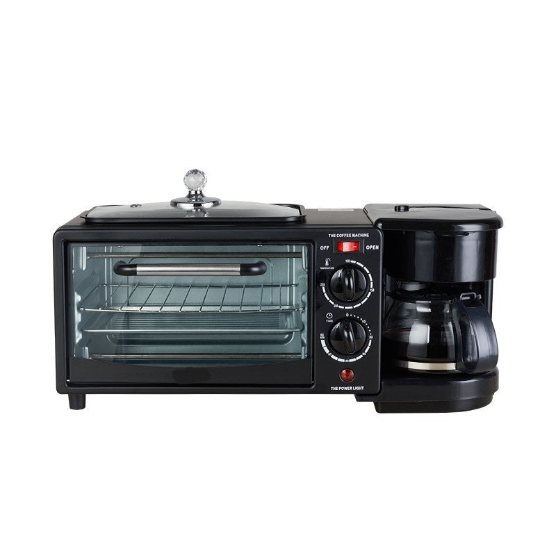 Multifunctional kitchen appliance with toaster oven and coffee maker on a white background