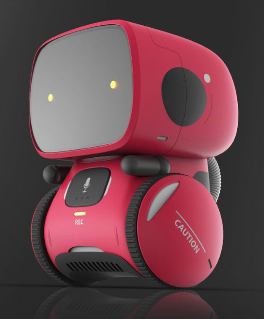 Red voice recognition education robot angled view with dark screen and REC button.