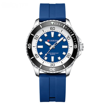 CURREN quartz watch with blue dial and strap, white minute ring and black bezel